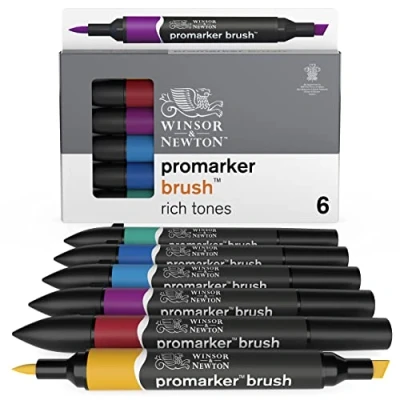 Bild av Winsor &amp; Newton 0290126 ProMarker borste för ritningar, kalligrafi, design och layouter, randfri ritning med kil penselspets) 6 färger set rika toner