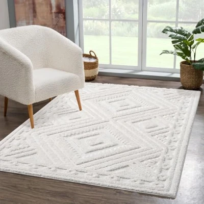 Bild av carpet city Matta, löpare, hög lugg, hall 80 x 300 cm enfärgad vit/grädde högt mönster/3D effekt romb lurvig matta vardagsrum, sovrum boho, Scandi