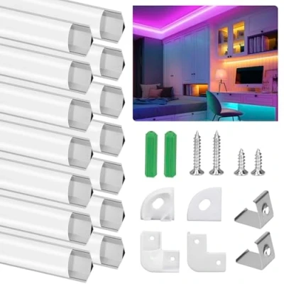 Bild av Ykall LED profil, aluminiumprofil 14 x 1 m, kanaler V form för remsor, list profil och diffusor perfekt ljus, med hörnkontakter, ändlock, skruvar monteringsklämmor