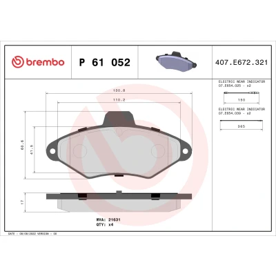 Bild av BREMBO P 61 052 Jeu de plaquettes frein contact signal d&#039;usure inclus sans accessoires CITROËN: Xantia 3/5 portes, Break