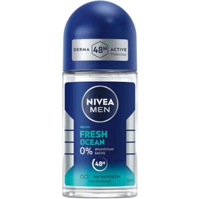 Bild av NIVEA MEN Fresh Ocean deodorant Roll On, deoroller utan aluminium (ACH) med 48 h skydd, antibakteriell Infinish formel och fräsch havsdoft (50 ml)