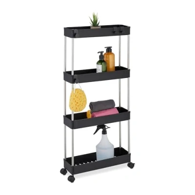 Bild av Relaxdays nischvagn, 4 våningar, med hjul, kök, badrum, rullvagn, 88 x 41,5 14,5 cm, plast, rostfritt stål, svart