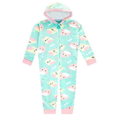 Bild av Squishmallows Flickor Fleece Overall Charlie och Trina Huva Sovdräkt Turkos 140