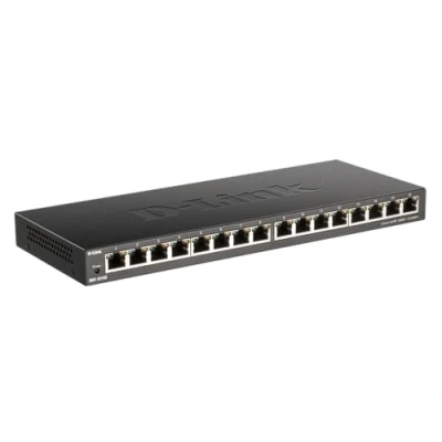 Bild av D Link DGS 1016S 16 port ohanterad gigabit switch (utan fläkt, låg profil metallhölje, skrivbord/väggmontering, plug and play, 802.1p QoS, 802.3az EEE)