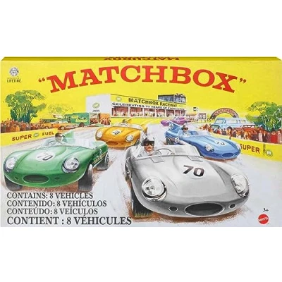 Bild av Matchbox bilar, set med 8 formgjutna bilar i skala 1:64 förstklassig dekor, inklusive 1 exklusivt fordon, True Grip däck, platinafärgad finish, för samlare, HPC03