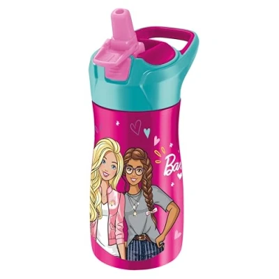 Bild av Maped Picnik Barbie vattenflaska i rostfritt stål automatiskt sugrörssystem med låsknapp bärhandtag officiell licens 430 ml, rosa