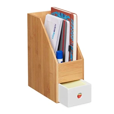 Bild av Relaxdays Stående samlare, för A4 papper, kontorsorterare bambu, MDF, tidssamlare HxWxT 30 x 12 23 cm, naturvit, 1 styck