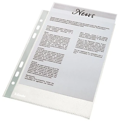 Bild av Esselte 23782 plaststansad ficka, klar matt finish, övre öppen, 43 mikron polypropylen, paket med 100, transparent, A5