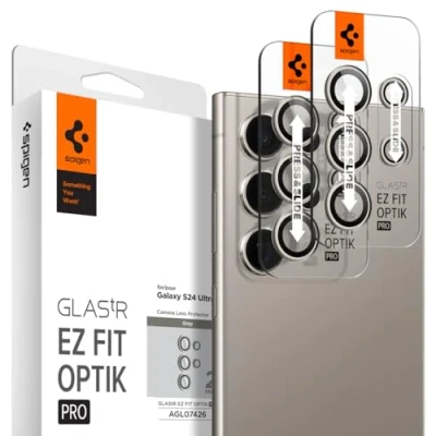 Bild av Spigen Glas.tR EZ Fit Optik Pro Kamera Skärmskydd kompatibel med Samsung Galaxy S24 Ultra, 2 Stycken, Titanium Gray, Individuellt kameraskydd, Inget fel på blixtfunktionen, 9H härdat Glas