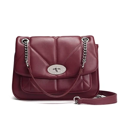 Bild av David Jones Vadderad axelväska för dam handväska kedjor slitna axelväskor PU läder Besace flip fodral medelstor skolväska elegant modeväska trendig chic, Röd Bordeaux, Taille unique,