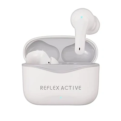 Bild av Reflex Active PRO TWS inear hörlurar med BT5.2 aktiv brusreducering och transparent funktion för säker plats. Vit gummifärgfinish märkeslogotyp på fodralet