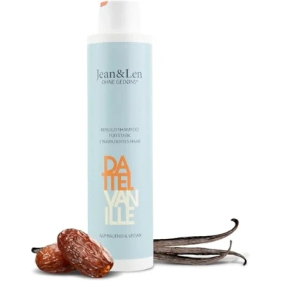 Bild av Jean &amp; Len Rebuild Shampoo Date Vanilla, för kraftigt skadat hår, gör att håret ser starkare och glansigare ut, med vaniljdoft, schampo utan silikoner parabener, vegan, 300 ml
