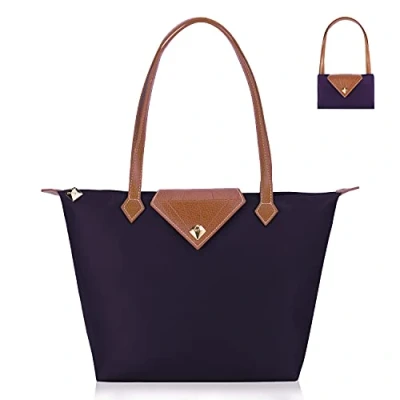 Bild av BOJLY Oxford dam vikbar axelväska stor kapacitet handväska nylon shopping hopfällbar väska strand resväska vattentät tillfällig, Mörklila, S, Enkel, elegant