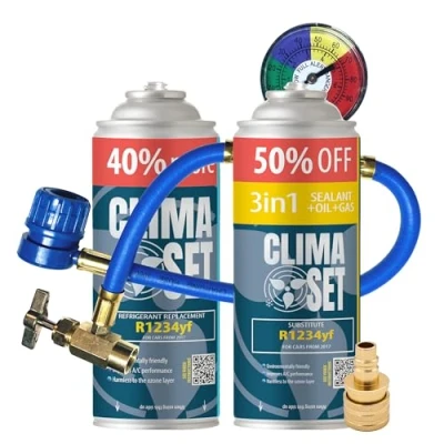 Bild av ClimaSet 3in1 R124yf ersättningsgas för köldmedium luftkonditionering bil gasflaska 2x235 g luftkonditioneringsslang tryckmätare adapter HP/LP ECO