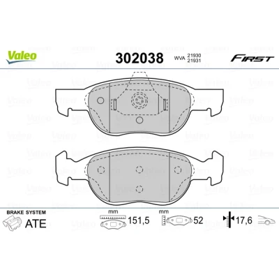 Bild av VALEO 302038 Jeu de plaquettes frein FIRST Essieu avant contact signal d&#039;usure exclu sans tôle anti bruit FIAT: Punto II 3/5 portes