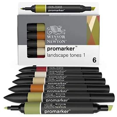 Bild av Winsor &amp; Newton 0290117 ProMarker, professionell layoutmärkpenna 2 spetsar, fin och bred för ritningar, design layouter 6 färger set landskap