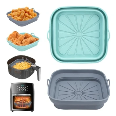 Bild av Alyvisun Silikonform för Luftfritös, 2 Stycken Silikongrytor Airfryer Återanvändbara Silikonfoder Luftfritöskorg Fyrkantig Vikbar Silikonbakform Mikrovågsugn och Ugn (Blå+Grå)
