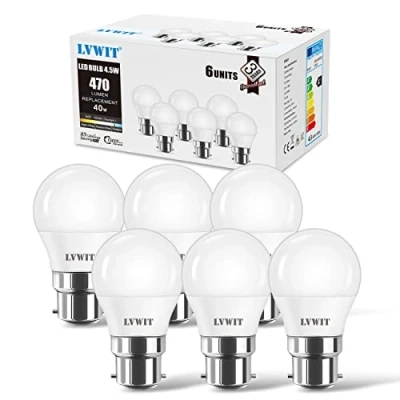 Bild av LVWIT Dagsljus B22 SES Golf LED glödlampor, 4,5 W golfboll lampor bajonett 40 ekvivalent, 6 500 K kall vit mini golfbollslampor, 470 lm, 150 graders strålvinkel, icke dimbar (paket