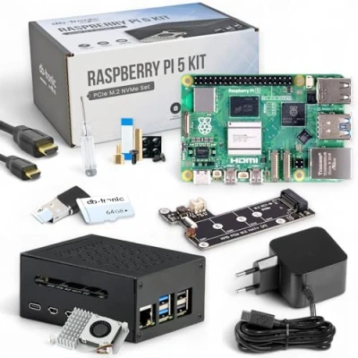 Bild av Raspberry Pi 5 8 GB PCIe M.2 NVMe set Metallhus Active Cooler SSD Board Officiell USB C 27 W strömförsörjning 64 Edition 4K Micro HDMI