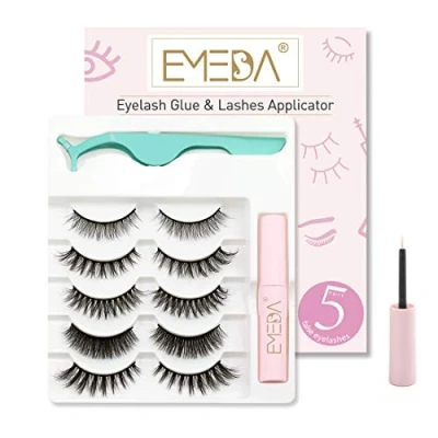 Bild av EMEDA 3D falska ögonfransar med lim, Faux mink eyelashes, 5 par Naturliga fransar lim och applikator, Multipack Fluffiga tjocka långa false lashes with glue and tweezers