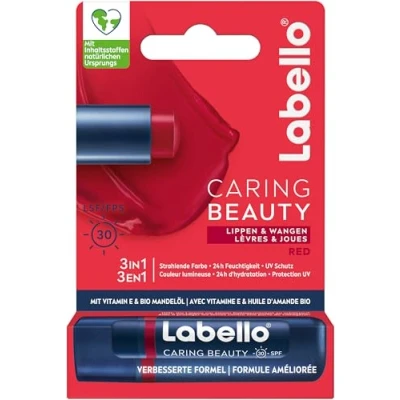 Bild av Labello Caring Beauty Red läppvårdspenna med färg och solskydd, färgad läppvård SPF 30, E vitamin ekologisk mandelolja, läppbalsam för läppar kinder (4,8 g)