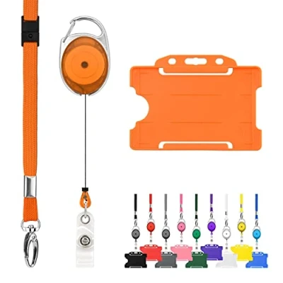 Bild av LanyardsTomorrow Infällbara linor och märkeshållare 1 st Pack Trio Triple Set innehåller standardlinor, utdragbara karbinhakar, jojo rullklämmor stela ID korthållare Orange