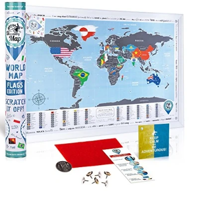 Bild av DMap factory™ Världskarta för skrapning med flaggor 68 x 48 cm landsflaggor, huvudstäder, tillbehör och presentrör Scratch off Map, Flaggutgåva, resekort