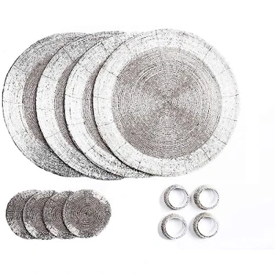 Bild av Penguin Home® Set med 12 glaspärlor bordstabletter, underlägg och servettringar silverfärg runda bordstabletter handgjorda av skickliga indiska hantverkare diameter 32 cm (13 tum)