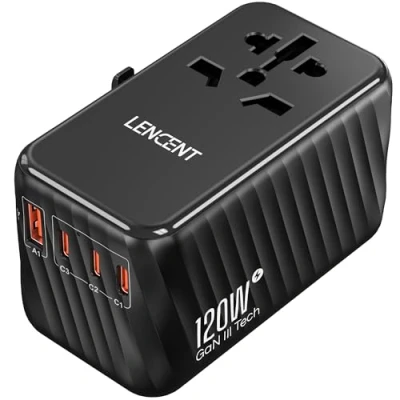 Bild av LENCENT 120W Snabb Laddning Universal Reseadapter över Hela Världen, GaN III Internationell Travel Adapter med 3 PD3.0 Typ C+1 QC USB A, Socket Worldwide för DE USA UK CN, C/G/A/I, Vit
