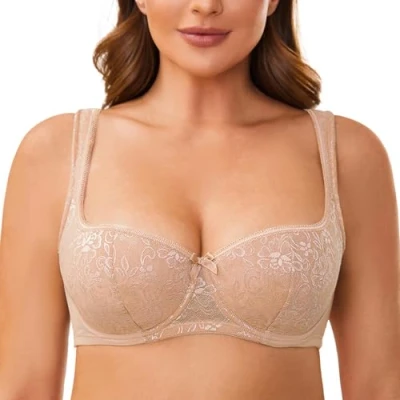 Bild av MELENECA Balconette bh för kvinnor med vadderad rem Halvkopp bygel Sexig spets Beige 85G