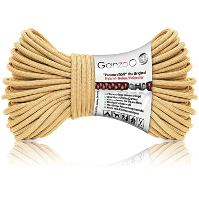 Bild av Ganzoo Paracord 550 rep brun beige, 4 mm, typ 3, nylonpolyester, hybrid, armband, hundkoppel, hundhalsband, ca 250 kg brottsbelastning, utomhusrep, campingsnöre, universalrep, 30 meter