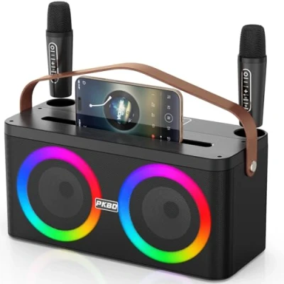 Bild av PKBD karaokemaskin med telefon/dynhållare, bärbar Bluetooth högtalare två trådlösa mikrofoner/LED lampor/PA system, stöder mikrofonplacering för hemmafest, utomhus/inomhus/födelsedagspresenter
