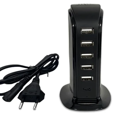 Bild av USB laddare multifack, laddningsstation 6 port multiladdningsstation strömförsörjning flera stationära med strömkabel enheter snabbladdning kompatibel headset, mobiltelefon