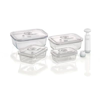Bild av CASO VacuBoxx E set 4 extremt stabila fyrkantiga vakuumbehållare av borosilikatglas, BPA fri, värmebeständig, diskmaskinssäker, fryssäker, smaklös, exakt datuminställning