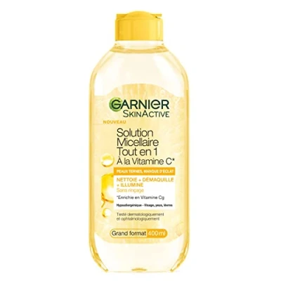 Bild av GARNIER Skin Active Micellärt vatten allt i 1 rengör, tar bort smink och lyser upp miceller C vitamin ansikte, ögon, läppar matt hud brist på glans 400 ml