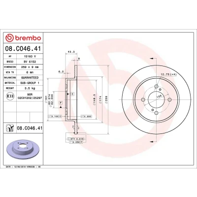 Bild av BREMBO 08.C046.41 Disque de frein 259 9 4 plein revêtu SUZUKI: SWIFT