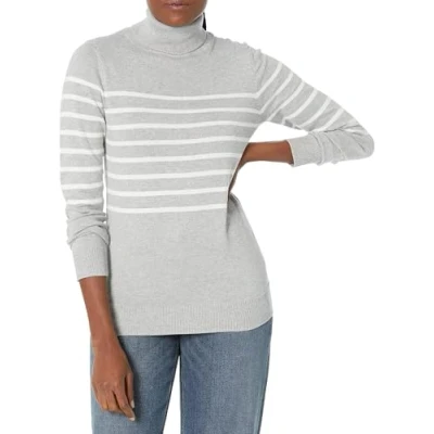 Bild av Amazon Essentials Women&#039;s Lätt långärmad tröja med polokrage klassisk passform (finns i plusstorlek), Ljusgrå ljung Vit Placerad rand, XXL