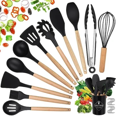 Bild av köksredskapsset, hicoosee 22 delar silikon naturliga trähandtag matlagningsverktyg BPA fritt giftfritt non stick värmebeständigt köksredskap redskapsset, svart 01