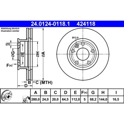 Bild av ATE 24.0124 0118.1 Disque de frein 280,0 24,0 5 112,0 ventilé revêtu allié/carbonisé VOLKSWAGEN: Transporter 4 Bus,
