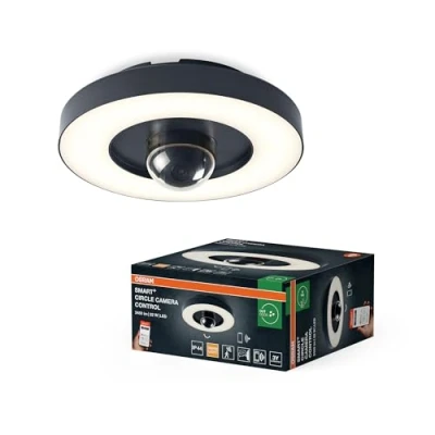 Bild av OSRAM SMART+ vägg och taklampa utomhus + kamera, varmvit LED ljus (3000K), högkvalitativt polykarbonathölje i mörkgrå, integrerad högtalare, minneskort, smart WiFi teknik