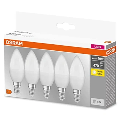 Bild av OSRAM LED BASE Classic B40, frostat filament lampor av glas för E14 sockel, ljusform, varmvitt (2700K), 806 lumen, ersätter vanliga 40W lampor, låda med 5 st.