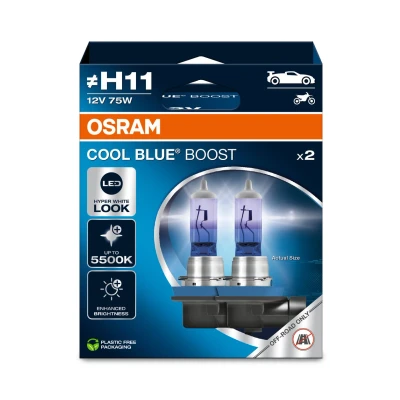 Bild av OSRAM COOL BLUE BOOST, H11, halogenstrålkastare, upp till 5500K, Hängande hopfällbar låda (2 lampor), endast offroad användning