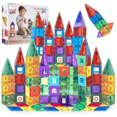 Bild av Playmags 100 Delar 3D Magnetiska Byggstenar Set Lär Dig Former, Färger Och Alfabet STEM Stark Magnetleksaker Block För Barn Färgglada Hållbara Plattor Idébok