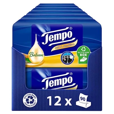 Bild av Tempo soft &amp; känsliga näsdukslåda Megapack 12 lådor, 90 handdukar per låda pappersnäsdukar med mandelolja och aloe vera, tål maskintvätt