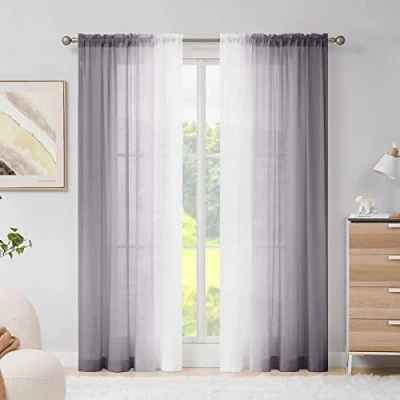 Bild av Melodieux Grå Ombre Sheer Gardiner Chiffong Gradient Stång Fickvoiles, 142 x 243 cm, 2 paneler