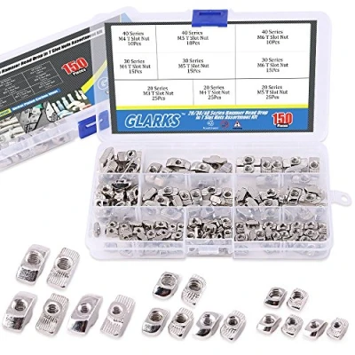 Bild av Glarks 150 st europeiska M3 M4 M5 M6 hammarhuvud droppe i T mutter spår sortimentsats för 20/30/40 serien aluminiumprofil nickelpläterat kolstål