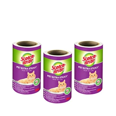 Bild av Scotch Brite husdjur extra klibbig hårrulle, 3 rullar, 48 ark designad för husdjurshår, lättrivna ark, säker på tyger, totalt 144 i paket, vit