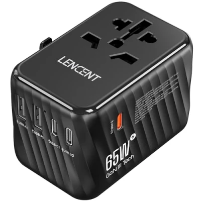 Bild av LENCENT 65W Snabb Laddning Universal Reseadapter över Hela Världen, GaN III Internationell Travel Adapter med 2 PD3.0 Typ C+2 QC USB A, Socket Worldwide för DE USA UK AUS, C/G/A/I, Svart