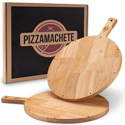 Bild av PIZZAMACHETE Pizzatallrik trä, pizzabräda av gummiträ, pizzatillbehör hemma, skärbräda rund, platta, foccacia eller bröd, träbräda 30,5 cm, set om 2
