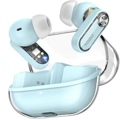 Bild av TOZO Hybridaktiva brusreducerande trådlösa öronsnäckor, 4 Mics ENC AI genomskinliga samtal, Bluetooth 5.4 kristallfodral design, djup bas stereoljud, vattentät, 32 EQ anpassning via app